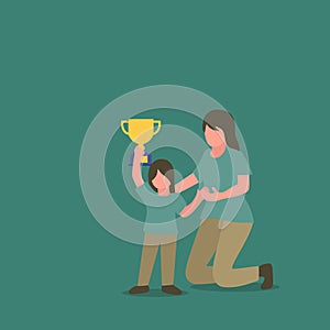 Simple Vector illustration drawing of young mom congratulates her daughter who wins first place trophy at study competition. Happy