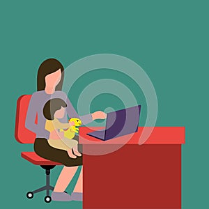 Simple Vector illustration drawing of a young mother sitting on the chair and holding her daughter while typing on the laptop,