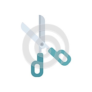 Sharp metal scissors cutting with blue handles icon