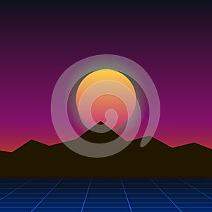 simple vector illustration in retro futurism style of 1980s of mountains landscape under evening or morning sun