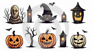 simple vector illustration set, halloween decoration isolated on a whilte background. Decorative elements for Halloween party.