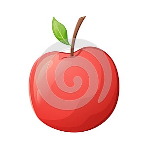 Simple vector isolated image of cartoon red ripe apple with twig and leaf.