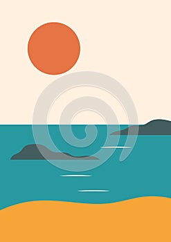 Simple vector landscape poster with hills, red sun, sea, vintage oriental style. Warm retro red, yellow, beige, green