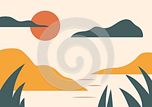 Simple vector landscape poster with hills, red sun, sea, vintage oriental style. Warm retro red, yellow, beige, green