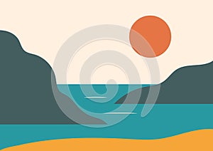 Simple vector landscape poster with hills, red sun, sea, vintage oriental style. Warm retro red, yellow, beige, green