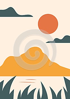 Simple vector landscape poster with hills, sun, sea, vintage oriental style. Warm retro red, yellow, beige, green