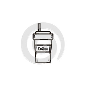 Simple vector line art icon of a paper cup of coffee with a straw
