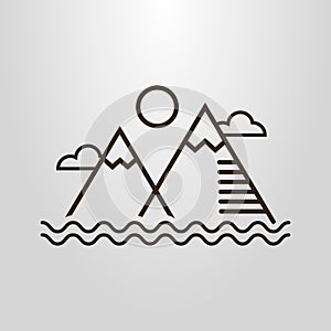 Simple vector line art pictogram of simple landscape with mountains, water waves, clouds and sun