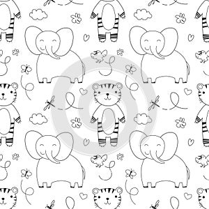 Simple vector pattern with African animals, elephant and tiger, bird, tropical trees and leafs print. funny linear