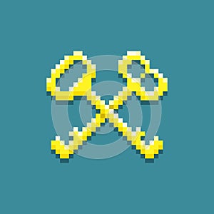 Simple vector pixel art illustration of two vintage golden crossed keys