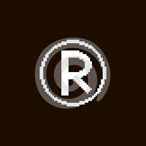 Simple vector pixel art illustration of white registered trademark symbol on black background