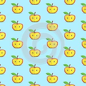 Vector pixel art multicolor endless pattern of red apple cut in half. seamless pattern of red apples