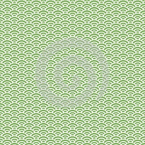 Simple vector pixel art seamless pattern of minimalistic olivine and light green scaly japanese water waves pattern