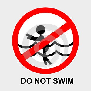 Simple vector prohibition sign, do not swim at gray background