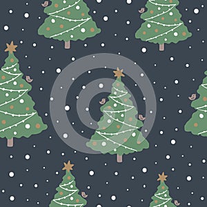 Simple vector repeat pattern with christmas tree in snowy night