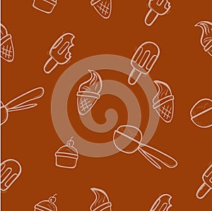 Simple Vector Seamless Wallpaper Hand Draw Sketch Doodle, Ice Cream Cone, Stick, cup and spoon