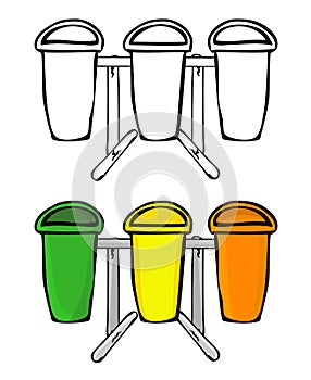 Simple Vector Set 2 Hand Draw Sketch of Green, Yellow and Orangy Empty Clean and tidy trash bin, for three category trash