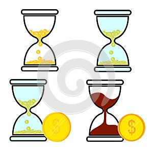 Simple Vector Set Illustration for Time is Money, Glass Hour or Sand and Golden Rupiah dan Dollar Coin