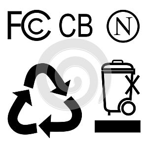 Simple Vector Symbol at Charger, Adaptor, Power Converter, Battery and other related, F, C, C B, N, do not litter, recycle, C, E,