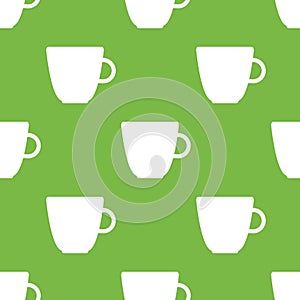 Simple vector tea background. Repetitive geometric tea icons. Seamless pattern with tea cups on green background