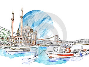 Simple vector watercolor sketch of Istanbul, Turkey. City view of the Ortakoy Mosque with the Bosphorus Bridge