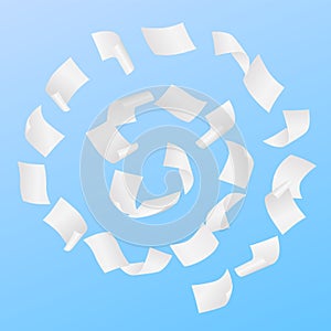 Simple vector of white blank papers flying in the spiral motion in the wind on blue background