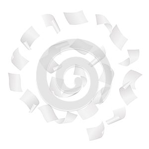 Simple vector of white blank papers flying in the spiral motion in the wind on white background