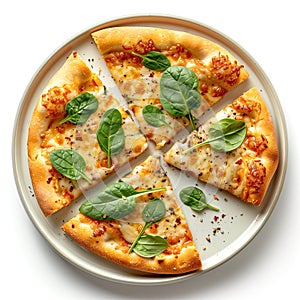 Simple vegetarian cheese pizza, freshly baked, garnished with green basil leaves. Pizza cut into slices. Generative AI