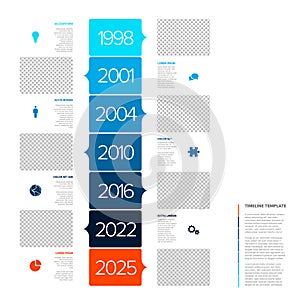 Simple vertical timeline process infographic with blue year and photo placeholders