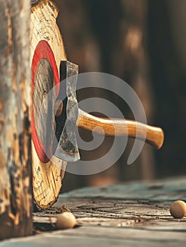A simple, vibrant image of an axe midflight towards a wooden target, symbolizing skill and focus photo