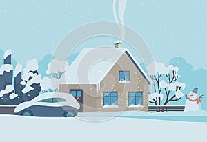 Simple village house covered with snow