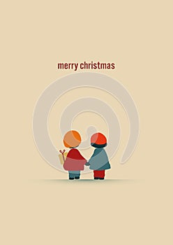 Simple vintage Christmas card template with cute, adorable kids and presents. Eps10 illustration