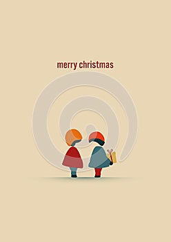 Simple vintage Christmas card template with cute, adorable kids and presents. Eps10 illustration
