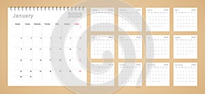 Simple wall calendar 2023 year with dotted lines. The calendar is in English, week start from Monday