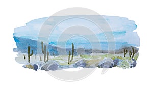 Simple watercolor backdrop with cactus desert, stones and mountains . Original abstract south american landscape, isolated on