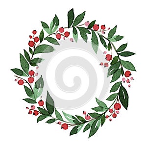 Simple watercolor christmas wreath. wreath for christmas and new year from green leaves and red berries isolated on white backgrou