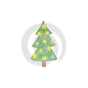 Simple watercolor green Christmas tree decorated with stars in simple cute cartoon style