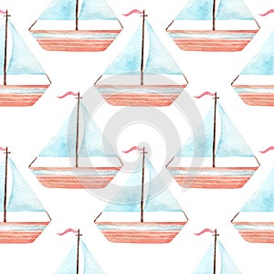 Simple watercolor toy sail boat seamless pattern