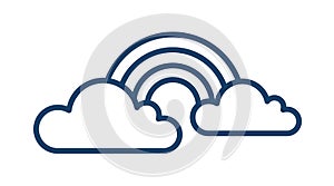 Simple weather icon with rainbow between two clouds. Contoured monochrome arc in line art style. Meteorology sign