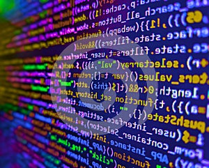 Simple website HTML code with colorful tags in browser view on dark background. Real Html code developing screen. Computer code on