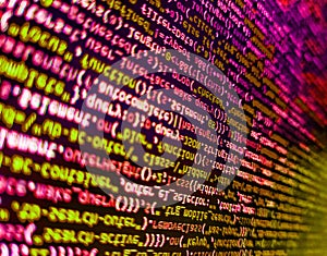 Simple website HTML code with colourful tags in browser view on dark background. Future technology creation process. Programming