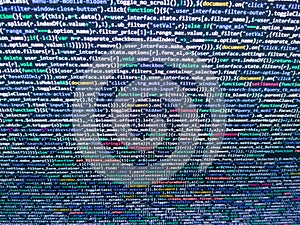 Simple website HTML code with colourful tags in browser view on dark background. Php code on blue background in code editor. Hi-