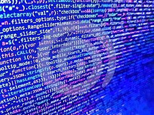 Simple website HTML code with colourful tags in browser view on dark background. PHP development, software site code. Software