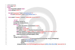 Simple website HTML code with colourful tags in browser view on white