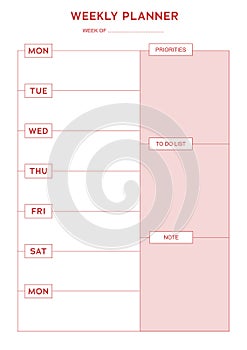 Simple weekly planner pink white with daily routine , priorities, to do list and notes table template vector