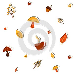 Simple white autumn background with fall elements and lines. Repeated pattern. Autumn leaves, mushrooms, hearts, hot