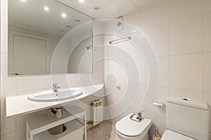 Simple white bathroom with large mirror, classic sink, bidet and toilet.