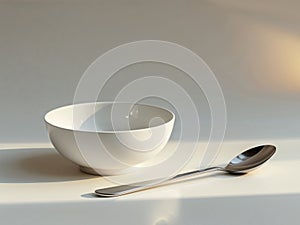 Simple White Bowl and Spoon on a Bright Surface photo