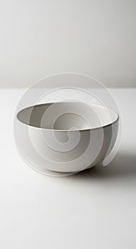 A simple white ceramic bowl is placed against a plain white background. It is round w