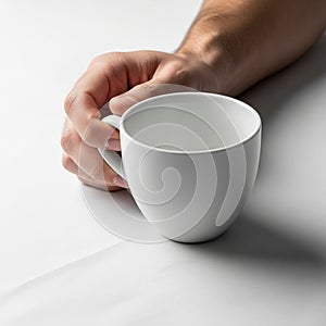 A simple white ceramic cup with a handle resting on a flat smooth